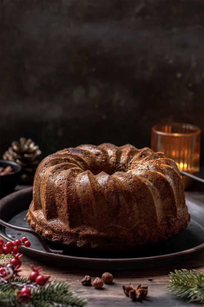 Fotografiert von David Steiner für Kochbackwelt: Nahaufnahme eines weihnachtlichen Gugelhupfs mit Glasur und festlicher Dekoration.