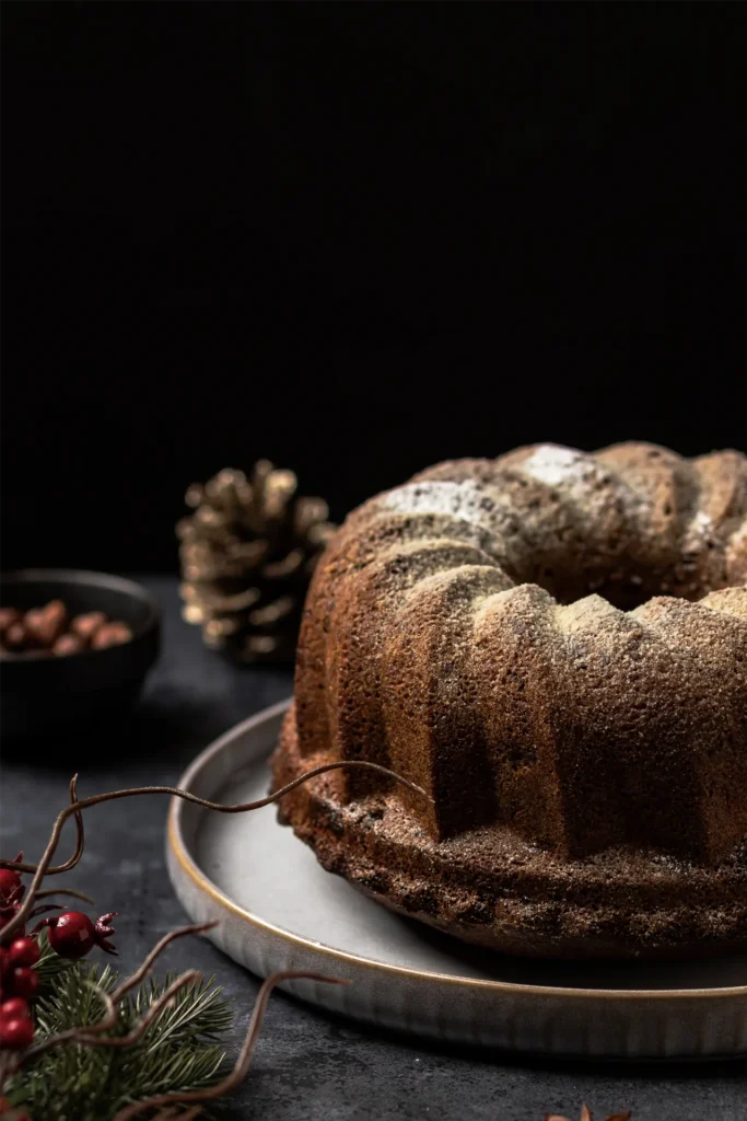 Fotografiert von David Steiner für Kochbackwelt: Nahaufnahme eines weihnachtlichen Gugelhupfs mit Glasur und festlicher Dekoration.