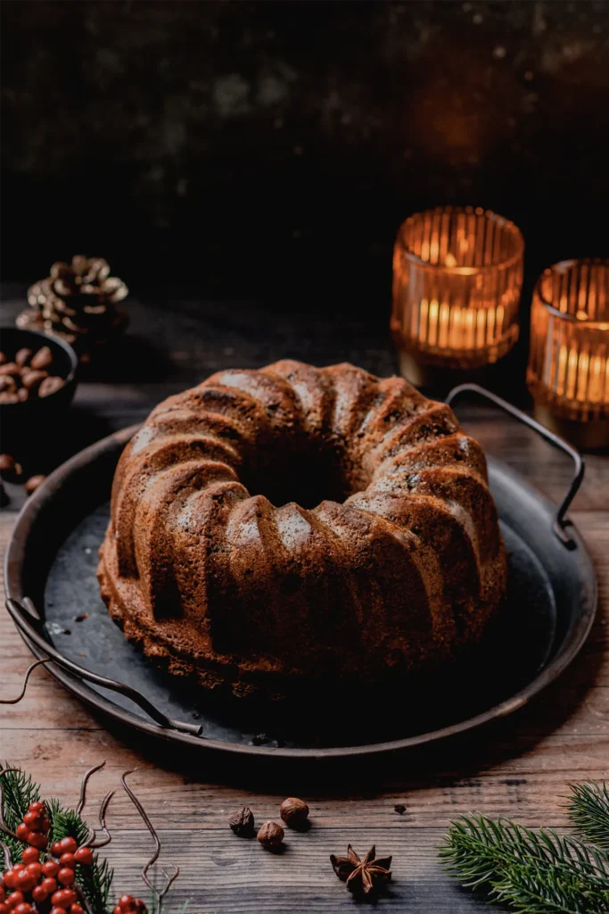 Fotografiert von David Steiner für Kochbackwelt: Nahaufnahme eines weihnachtlichen Gugelhupfs mit Glasur und festlicher Dekoration.