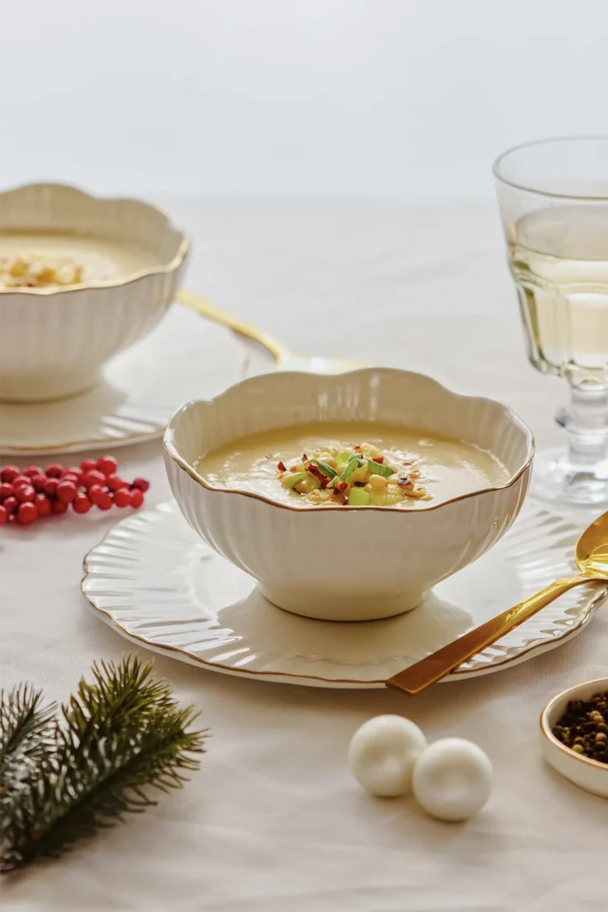 Karfiolcreme-Suppe mit Pinienkern-Topping, fotografiert von David Steiner für Kochbackwelt – cremige Suppe perfekt angerichtet in winterlicher Atmosphäre.