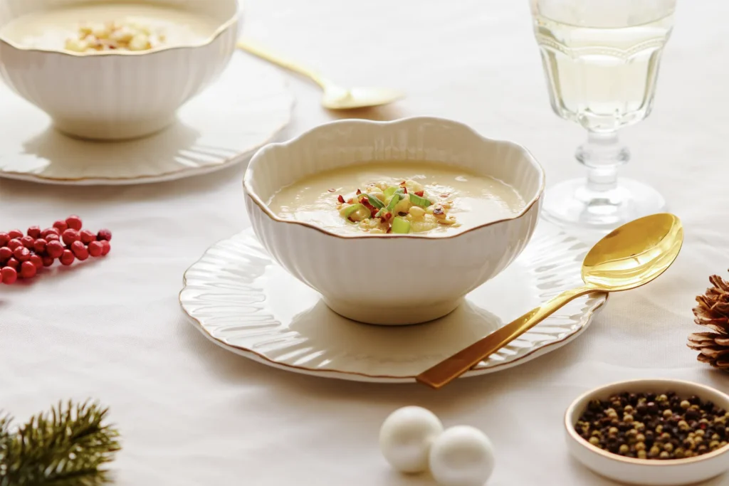 Karfiolcreme-Suppe mit Pinienkern-Topping, fotografiert von David Steiner für Kochbackwelt – cremige Suppe perfekt angerichtet in winterlicher Atmosphäre.