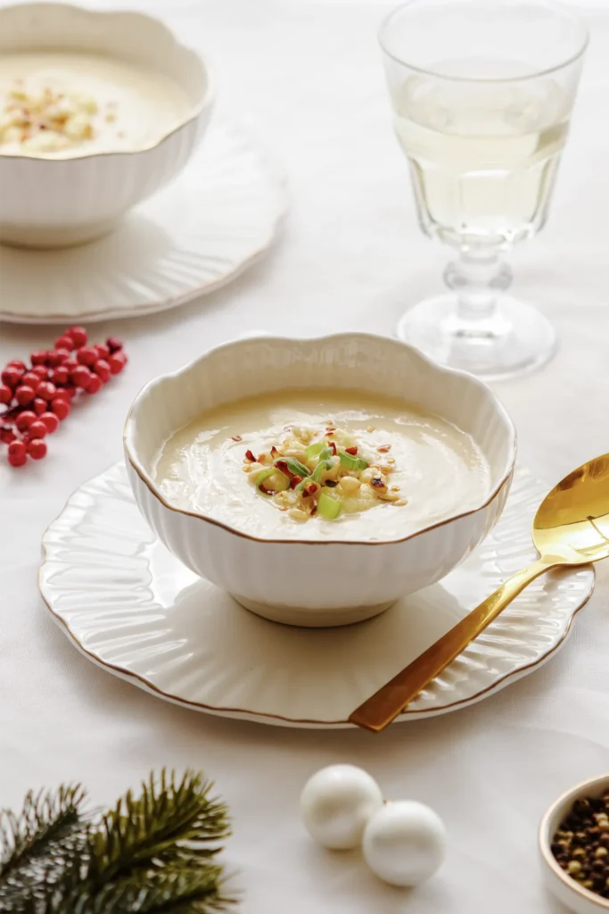 Karfiolcreme-Suppe mit Pinienkern-Topping, fotografiert von David Steiner für Kochbackwelt – cremige Suppe perfekt angerichtet in winterlicher Atmosphäre.