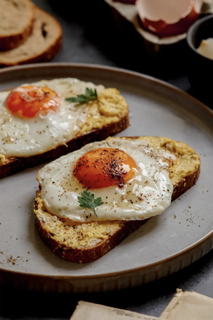 Spiegelei-Brot mit cremigem Eier-Aufstrich, perfekt für Frühstück oder Abendessen – ein schnelles, leckeres Rezept mit frischen Zutaten und knusprigem Brot.