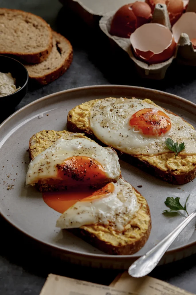 Spiegelei-Brot mit cremigem Eier-Aufstrich, perfekt für Frühstück oder Abendessen – ein schnelles, leckeres Rezept mit frischen Zutaten und knusprigem Brot.