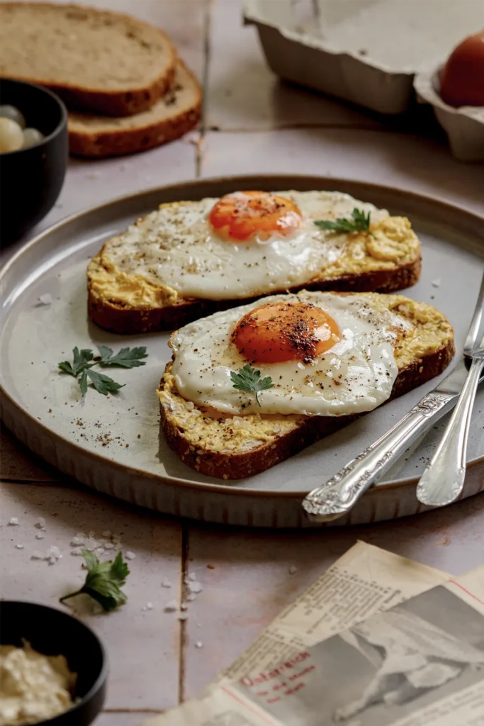 Spiegelei-Brot mit cremigem Eier-Aufstrich, perfekt für Frühstück oder Abendessen – ein schnelles, leckeres Rezept mit frischen Zutaten und knusprigem Brot.