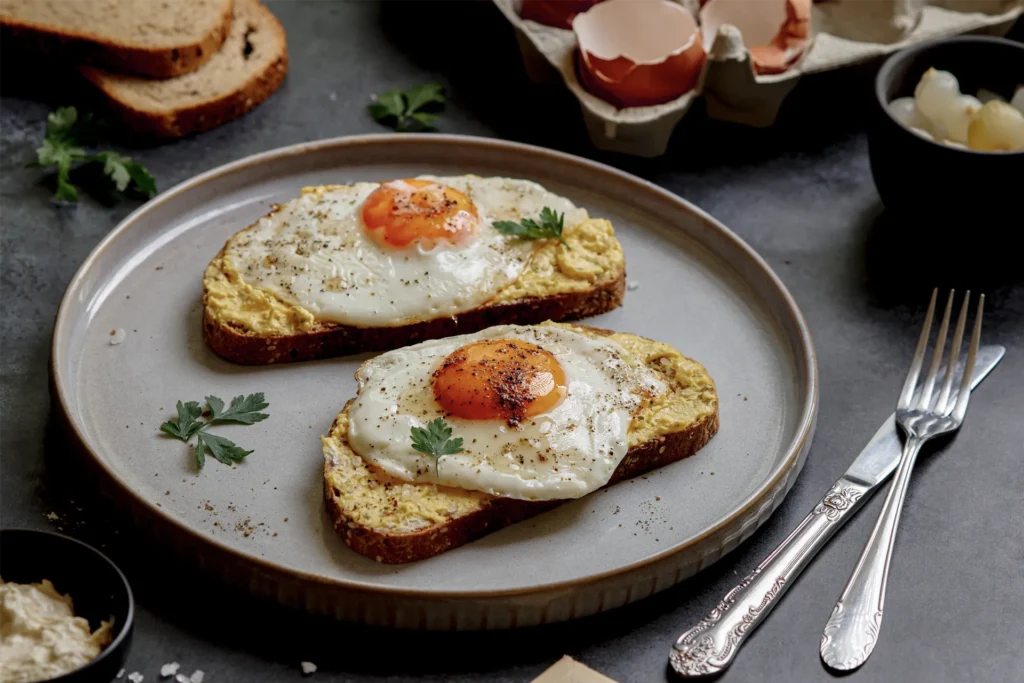 Spiegelei-Brot mit cremigem Eier-Aufstrich, perfekt für Frühstück oder Abendessen – ein schnelles, leckeres Rezept mit frischen Zutaten und knusprigem Brot.