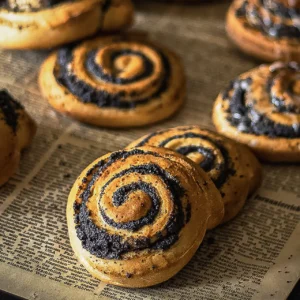 Goldbraune, frisch gebackene Mohnschnecken auf altem Zeitungspapier, fotografiert von David für Seiner Kochbackwelt – perfekt inszeniert für den Genussmoment.