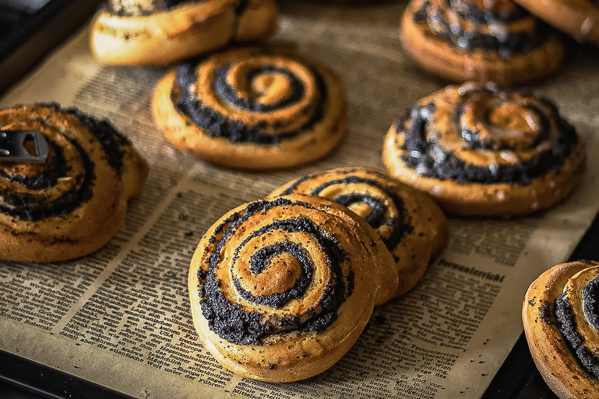 Goldbraune, frisch gebackene Mohnschnecken auf altem Zeitungspapier, fotografiert von David für Seiner Kochbackwelt – perfekt inszeniert für den Genussmoment.