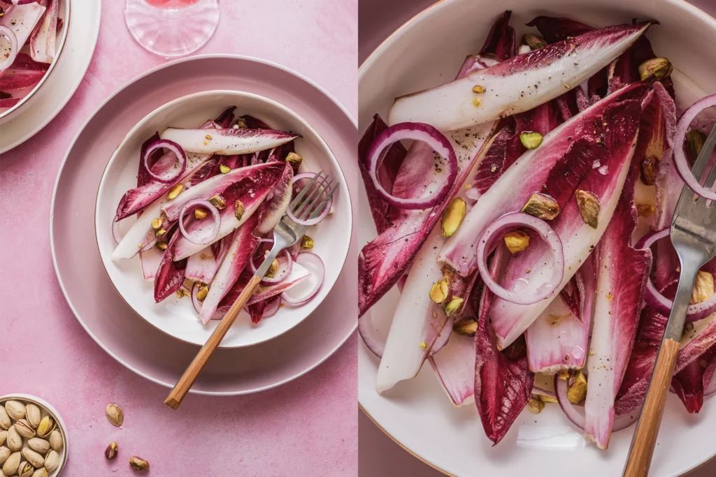 Knackiger Chicorée-Salat mit roten Zwiebeln, Walnüssen und Pistazien – ein leichtes, nussiges Gericht mit modernem Twist.