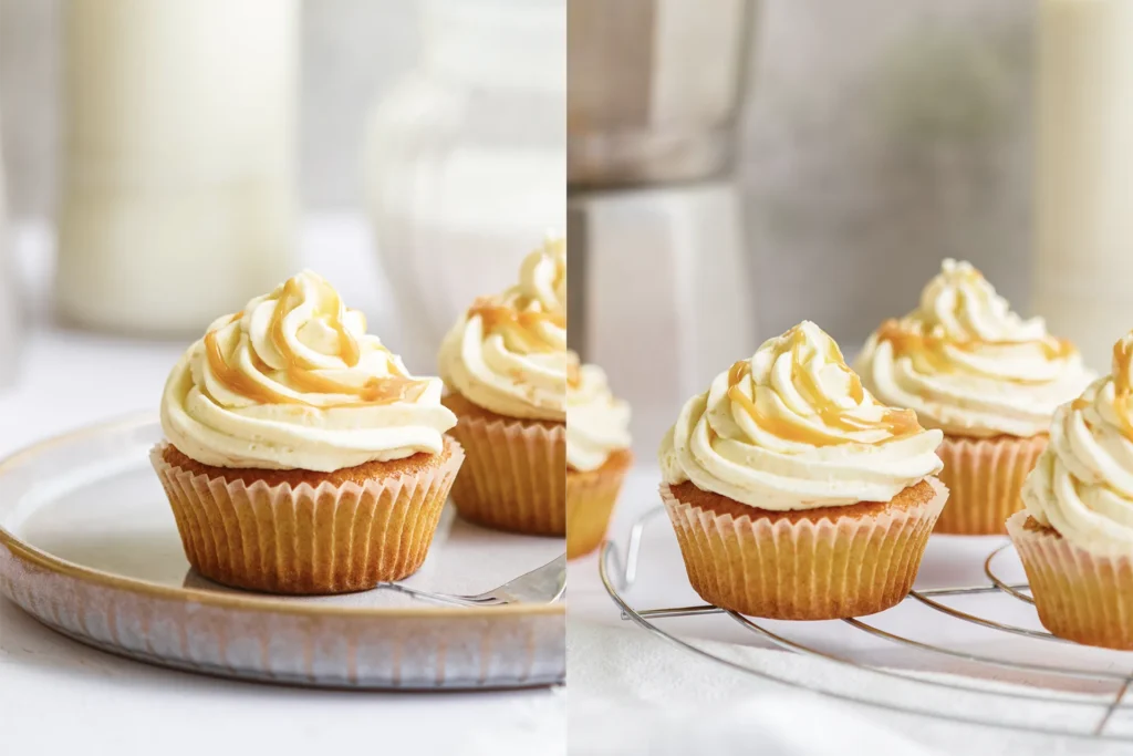 Karamell-Cupcakes mit cremigem Frosting, goldener Karamellsauce und dekorativen Topping