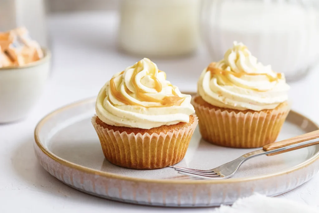 Karamell-Cupcakes mit cremigem Frosting, goldener Karamellsauce und dekorativen Topping