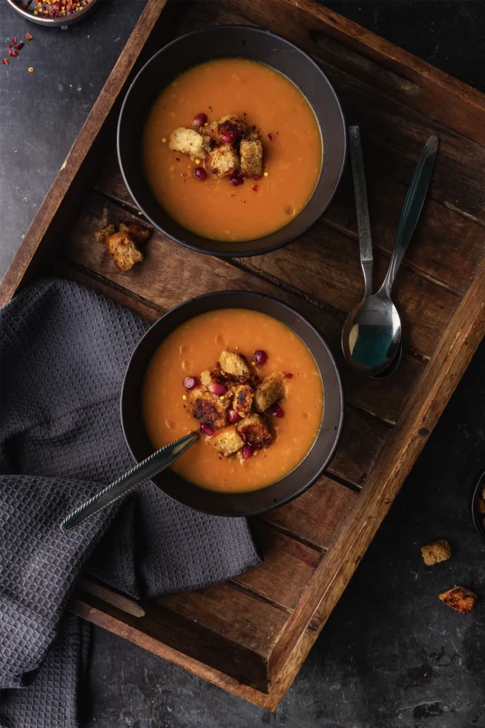 Wärmende Karotten-Ingwer-Suppe mit cremiger Kokosmilch, verfeinert mit frischen Kräutern – eine gesunde, aromatische Mahlzeit für kalte Tage.