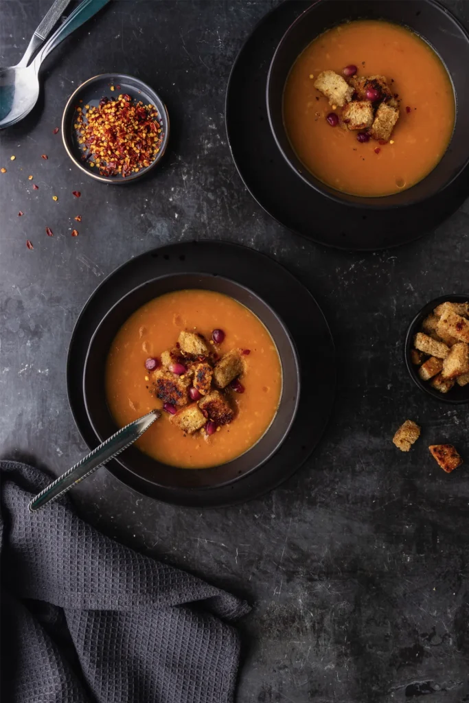 Wärmende Karotten-Ingwer-Suppe mit cremiger Kokosmilch, verfeinert mit frischen Kräutern – eine gesunde, aromatische Mahlzeit für kalte Tage.