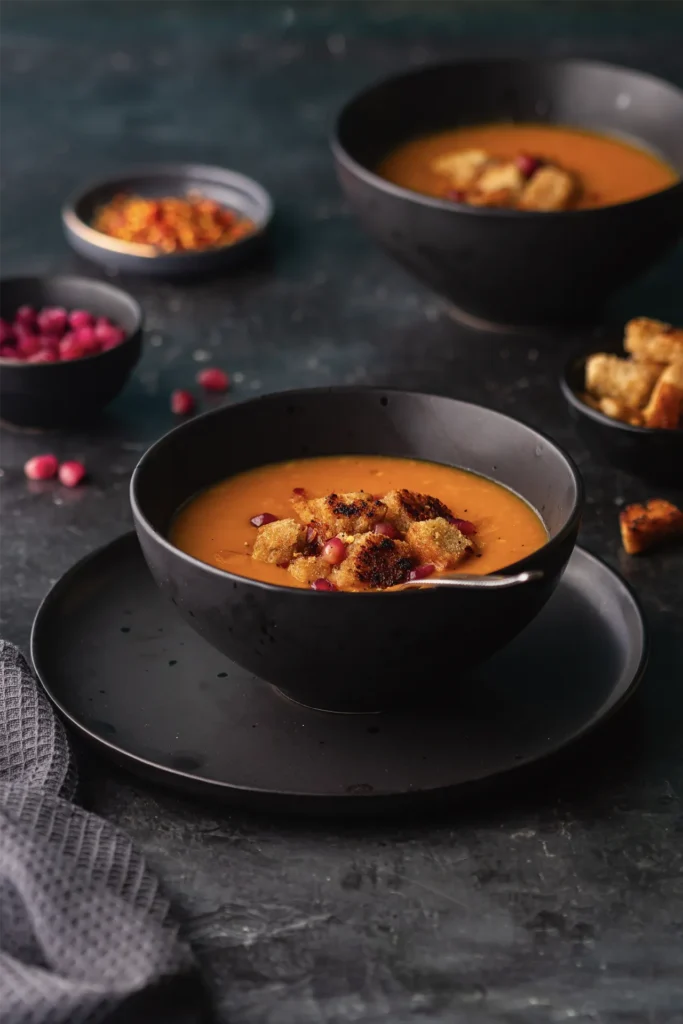 Wärmende Karotten-Ingwer-Suppe mit cremiger Kokosmilch, verfeinert mit frischen Kräutern – eine gesunde, aromatische Mahlzeit für kalte Tage.