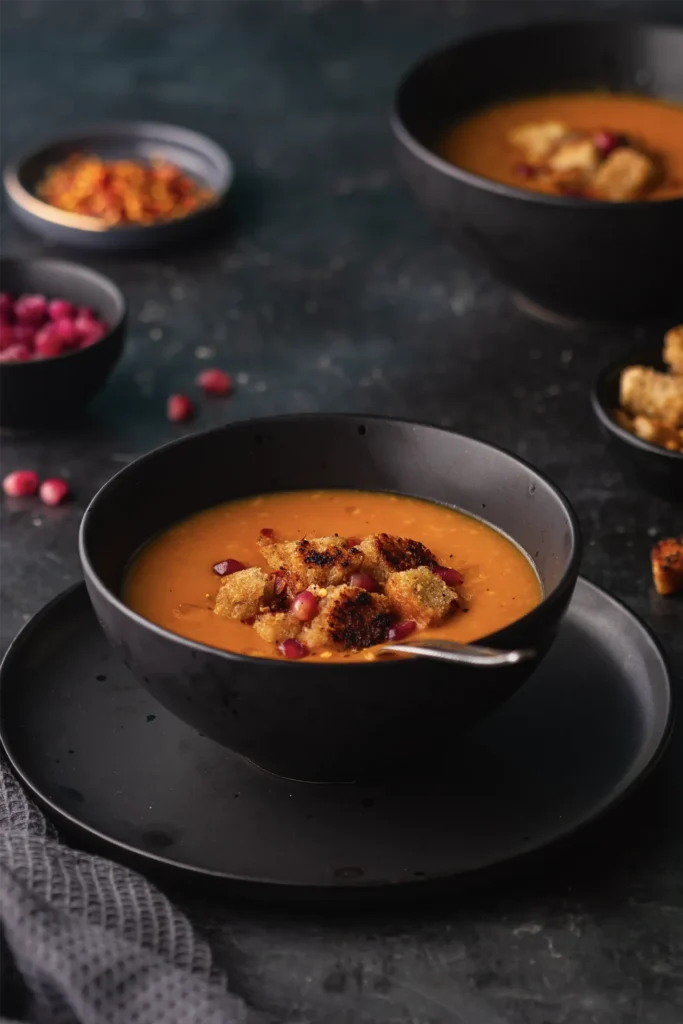 Wärmende Karotten-Ingwer-Suppe mit cremiger Kokosmilch, verfeinert mit frischen Kräutern – eine gesunde, aromatische Mahlzeit für kalte Tage.