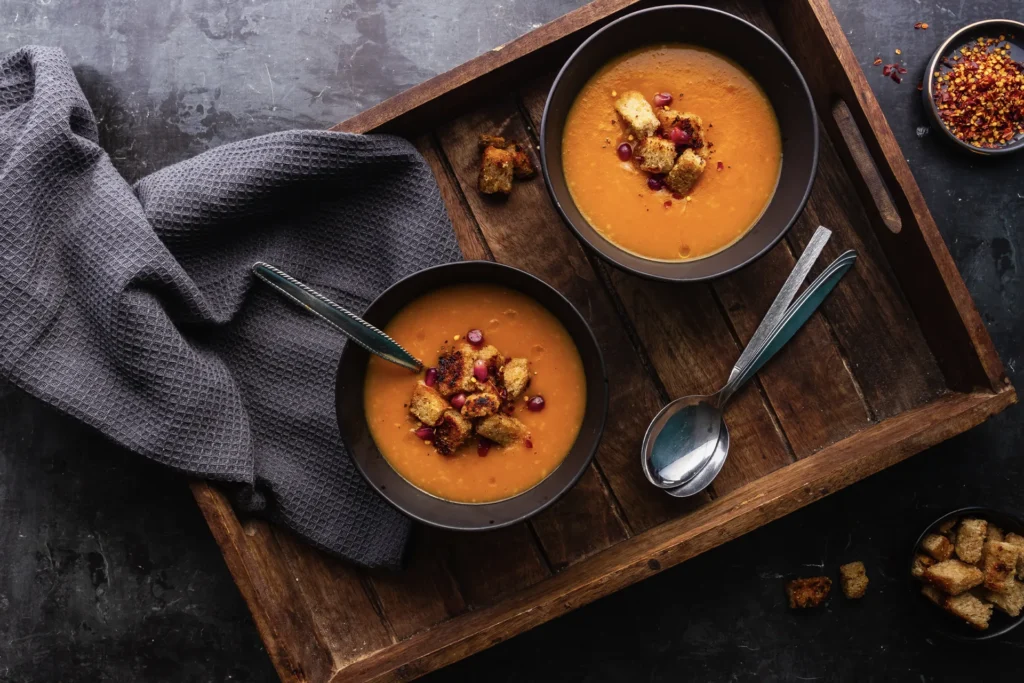 Wärmende Karotten-Ingwer-Suppe mit cremiger Kokosmilch, verfeinert mit frischen Kräutern – eine gesunde, aromatische Mahlzeit für kalte Tage.