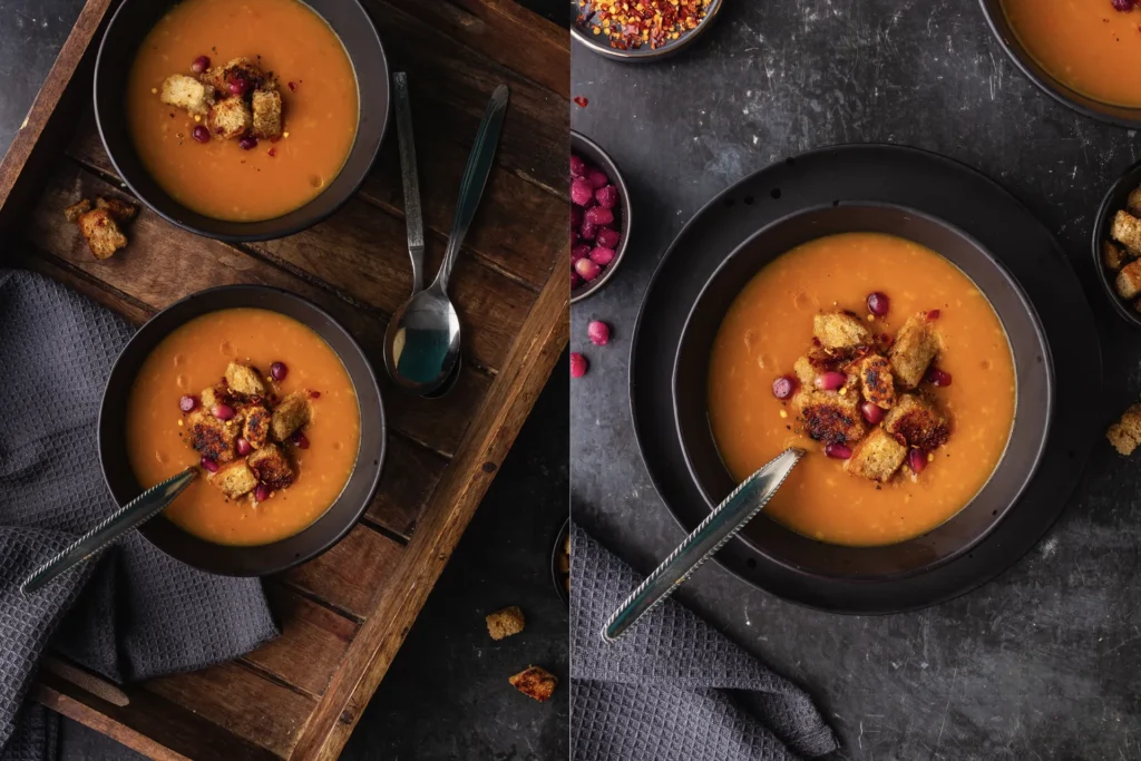 Wärmende Karotten-Ingwer-Suppe mit cremiger Kokosmilch, verfeinert mit frischen Kräutern – eine gesunde, aromatische Mahlzeit für kalte Tage.