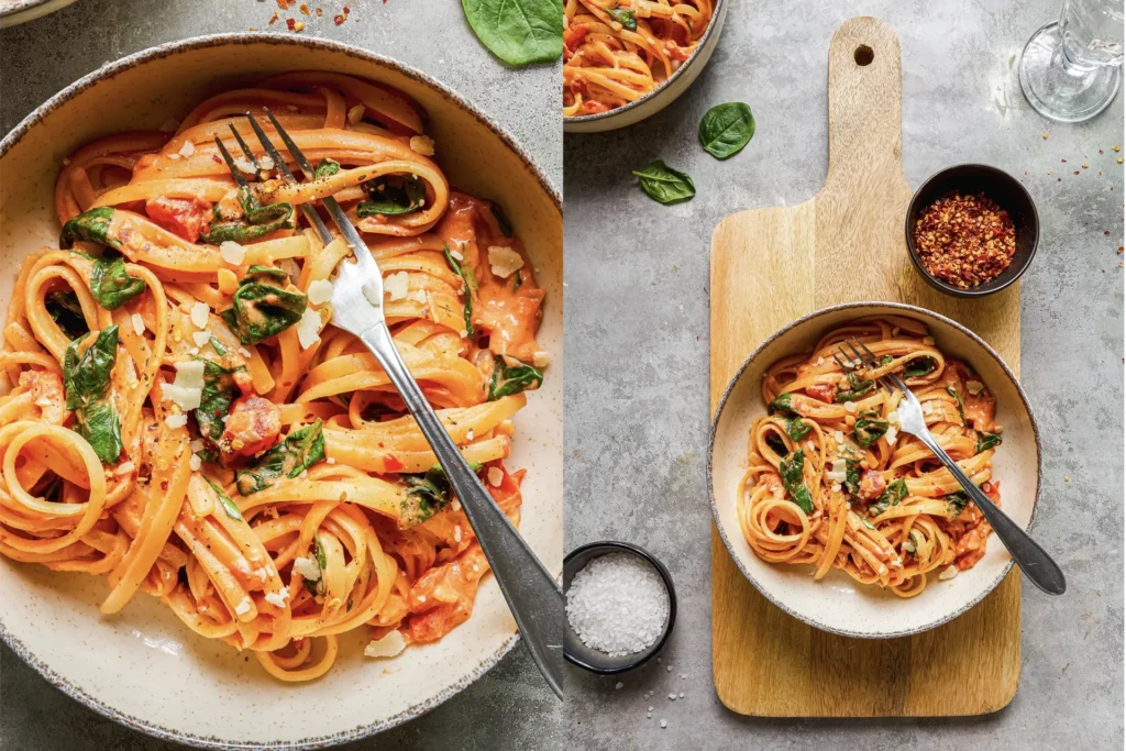 Linguine mit cremiger Frischkäse-Sauce, frischem Spinat und gehackten Tomaten – ein köstliches Pasta-Gericht für Genießer.