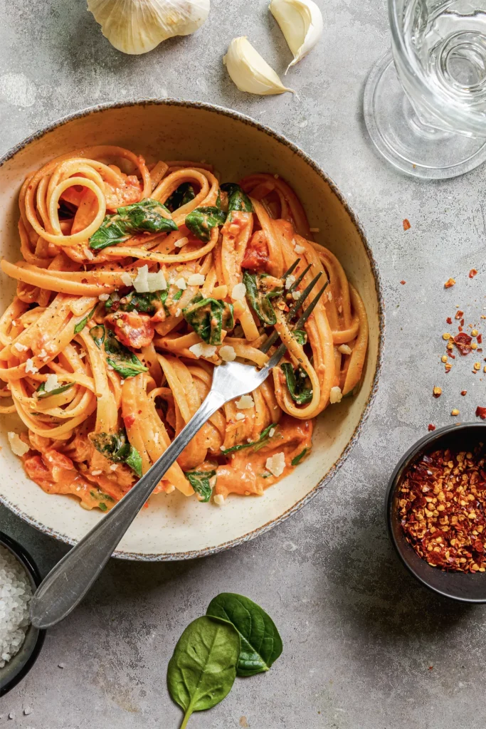 Linguine mit cremiger Frischkäse-Sauce, frischem Spinat und gehackten Tomaten – ein köstliches Pasta-Gericht für Genießer.