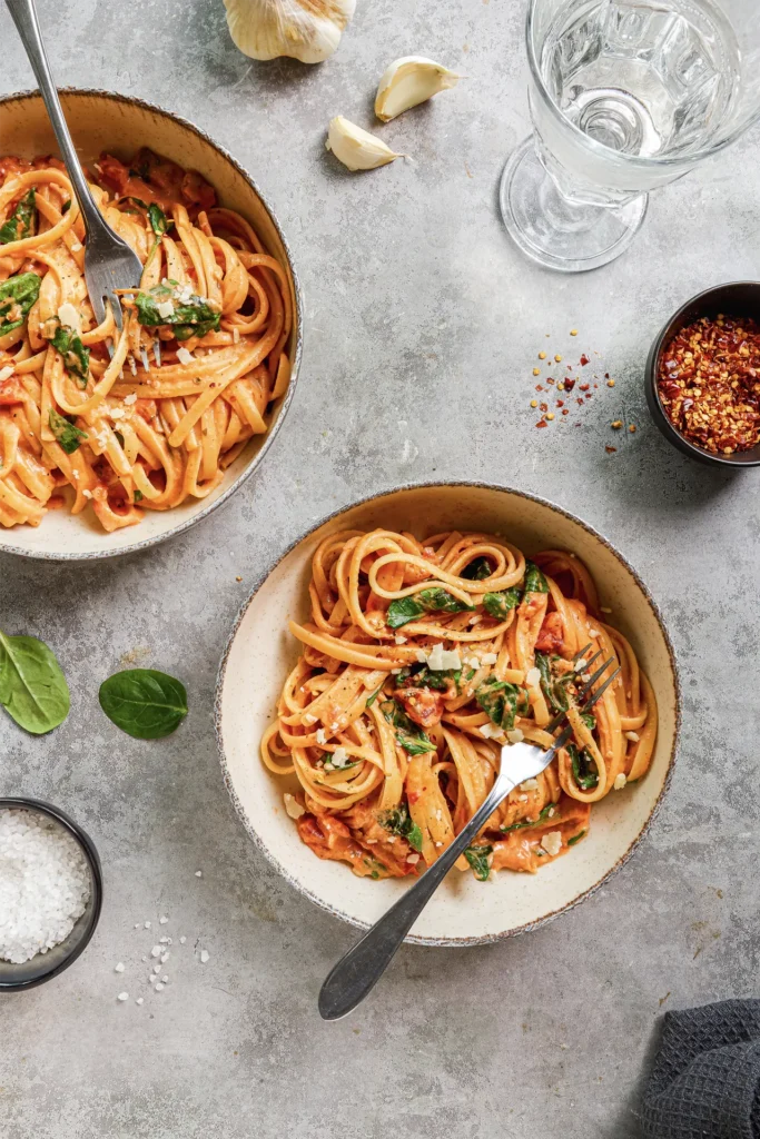 Linguine mit cremiger Frischkäse-Sauce, frischem Spinat und gehackten Tomaten – ein köstliches Pasta-Gericht für Genießer.