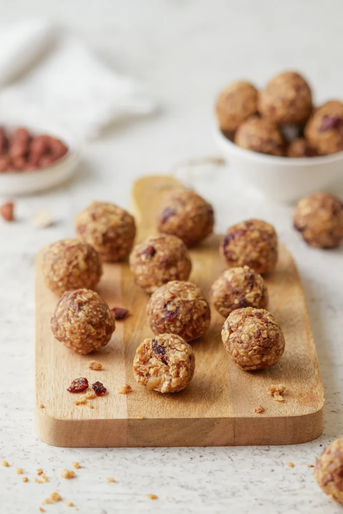 Gesunde Müsli-Bites mit Haferflocken, Leinsamen, Nüssen, Erdnussbutter und Honig auf einem rustikalen Holzbrett, idealer Snack für zwischendurch.