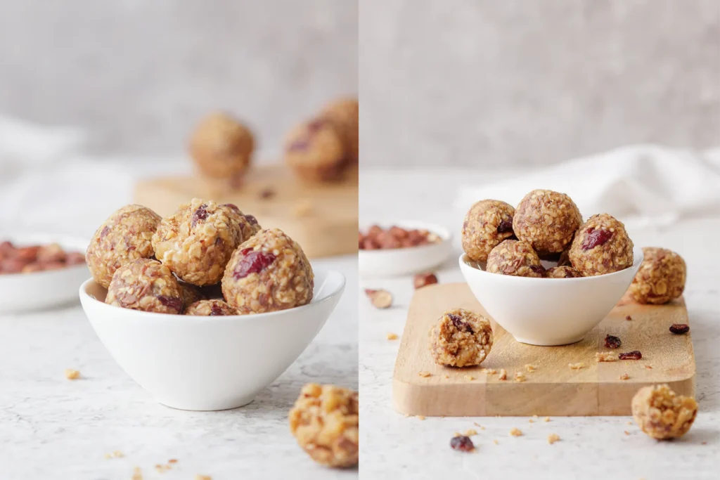 Gesunde Müsli-Bites mit Haferflocken, Leinsamen, Nüssen, Erdnussbutter und Honig auf einem rustikalen Holzbrett, idealer Snack für zwischendurch.