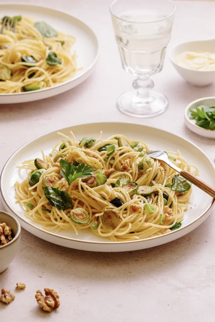 „Spaghetti mit Rosenkohl, Walnüssen und Spinat – winterliches Pastagericht mit knackigem Gemüse, nussiger Note und frischem Spinat auf rustikalem Teller.“