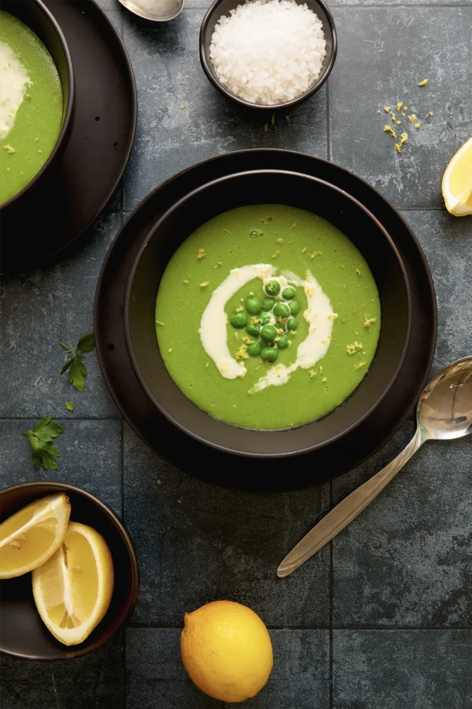 Köstliche Erbsensuppe mit frischer Zitrone, serviert in einer Schale, garniert mit Kräutern – ein leichtes, cremiges und gesundes Rezept für jede Jahreszeit.