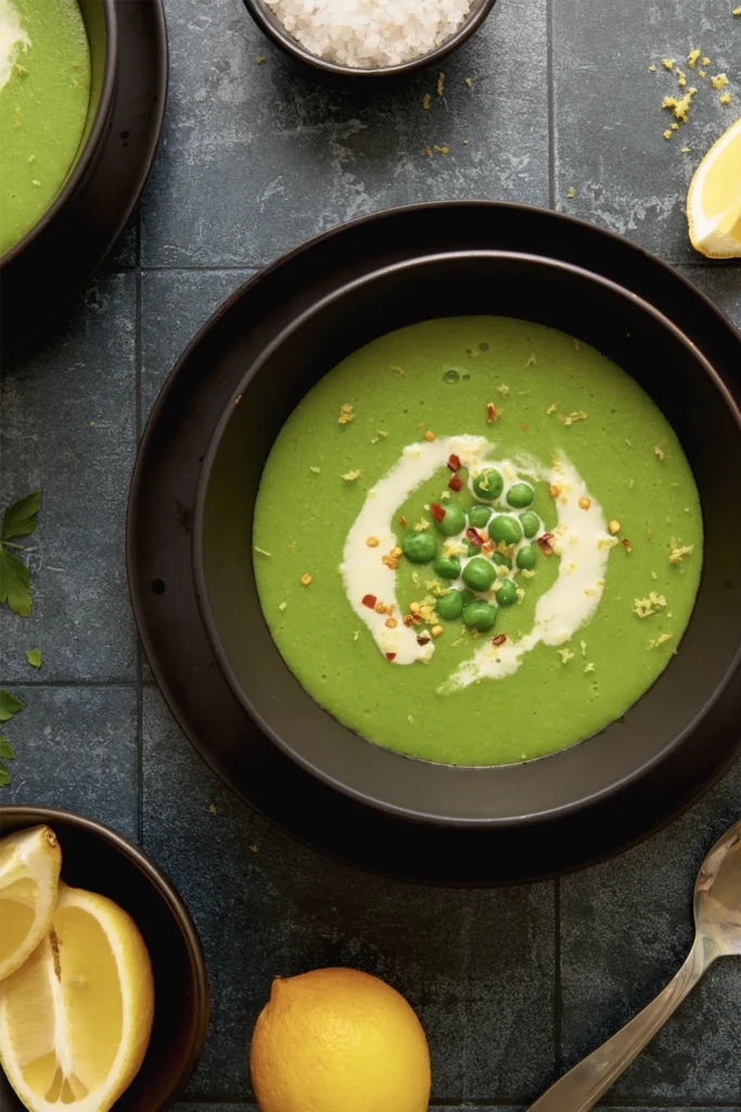 Köstliche Erbsensuppe mit frischer Zitrone, serviert in einer Schale, garniert mit Kräutern – ein leichtes, cremiges und gesundes Rezept für jede Jahreszeit.