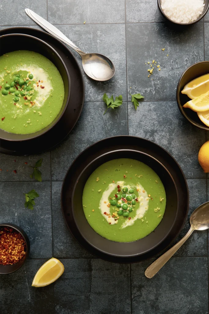 Köstliche Erbsensuppe mit frischer Zitrone, serviert in einer Schale, garniert mit Kräutern – ein leichtes, cremiges und gesundes Rezept für jede Jahreszeit.