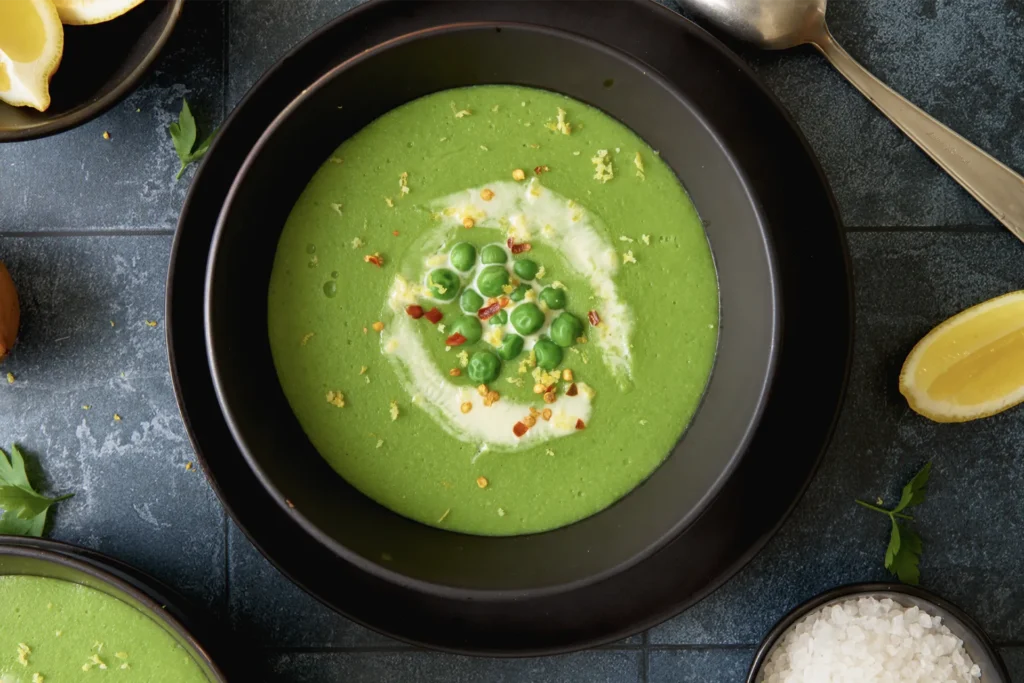 Köstliche Erbsensuppe mit frischer Zitrone, serviert in einer Schale, garniert mit Kräutern – ein leichtes, cremiges und gesundes Rezept für jede Jahreszeit.