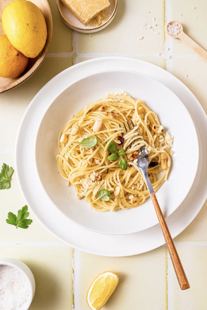 Ein Teller Zitronen-Pasta mit frischem Basilikum, Parmesan und einer Zitronenscheibe